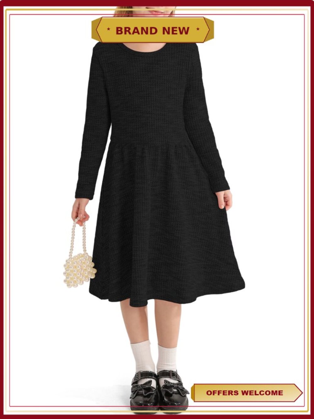 Girls Long Sleeve Waffle Knit A-Line Dress Round Neck Casual